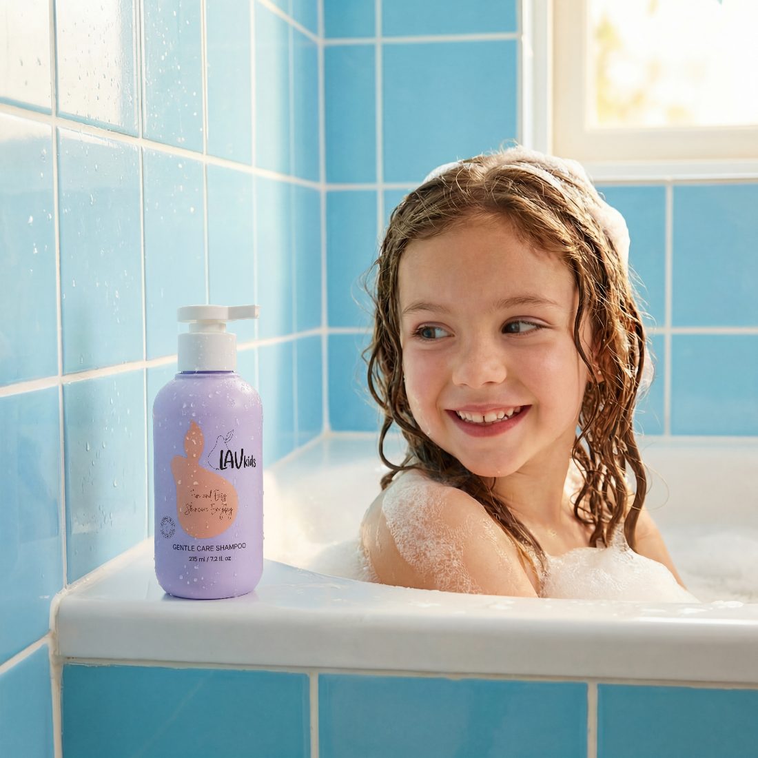A happy child in the bath with LavKids shampoo