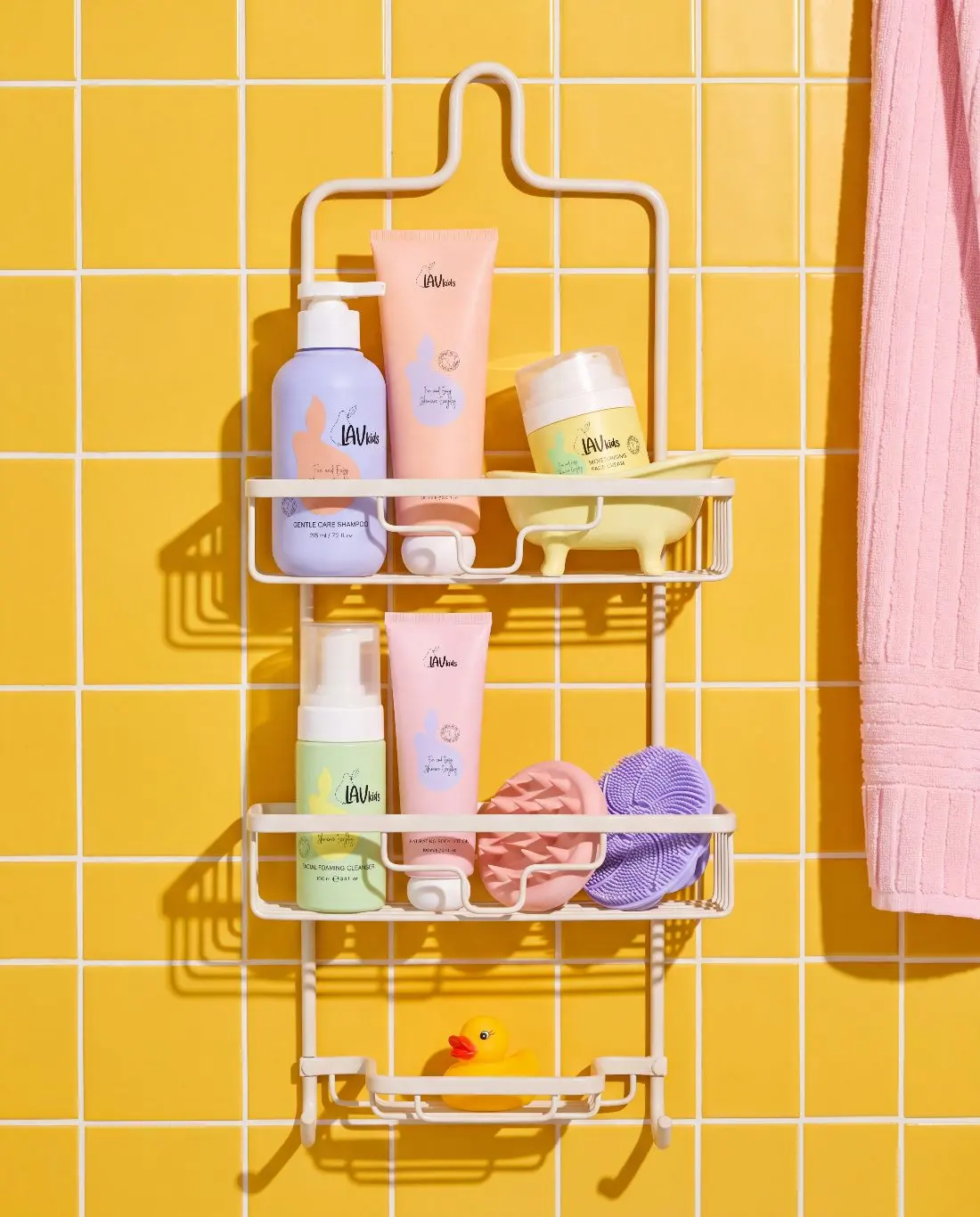 LavKids products on a shower caddy